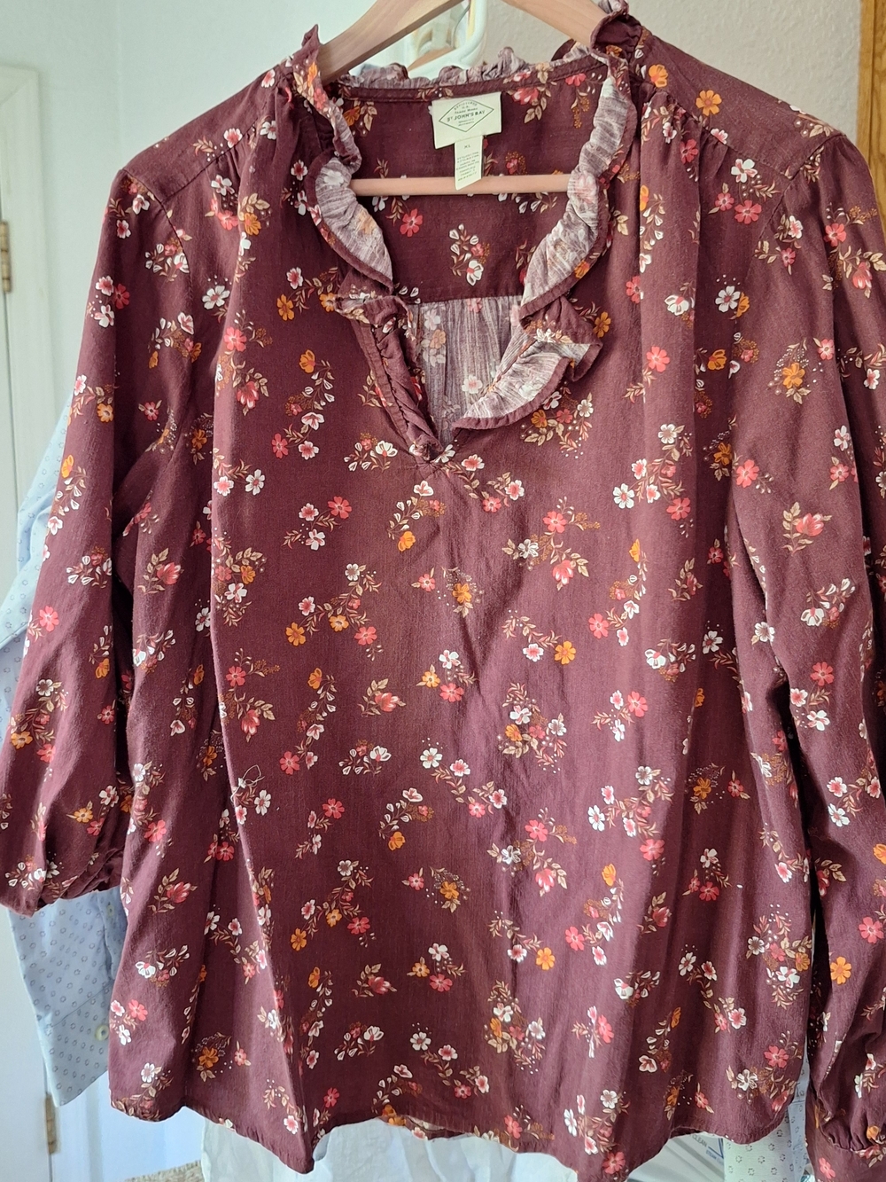 XL St. John's Bay Burgundy Floral Ruffle-Neck Blouse